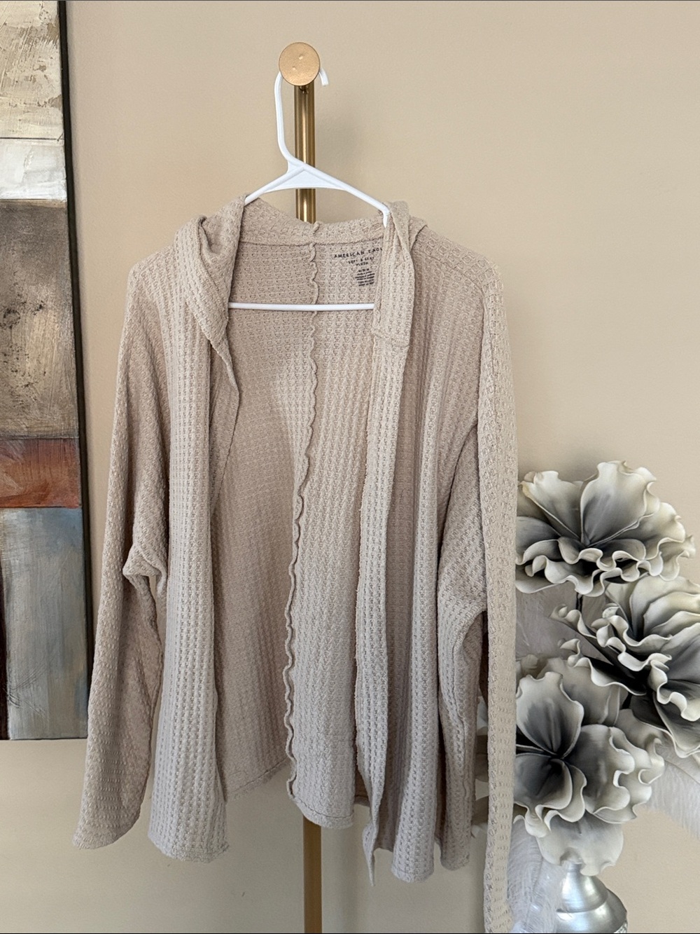 American Eagle Outfitters Beige Hooded Waffle Knit Cardigan